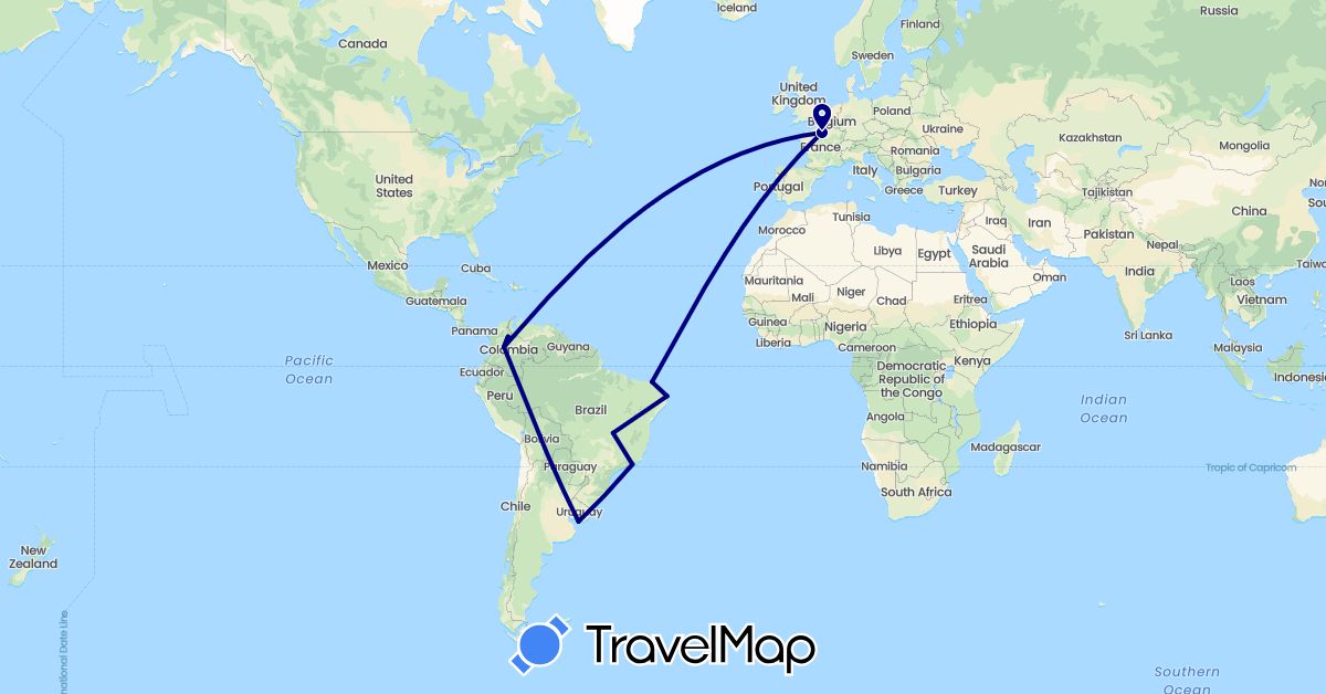 TravelMap itinerary: driving in Brazil, Colombia, France, Uruguay (Europe, South America)